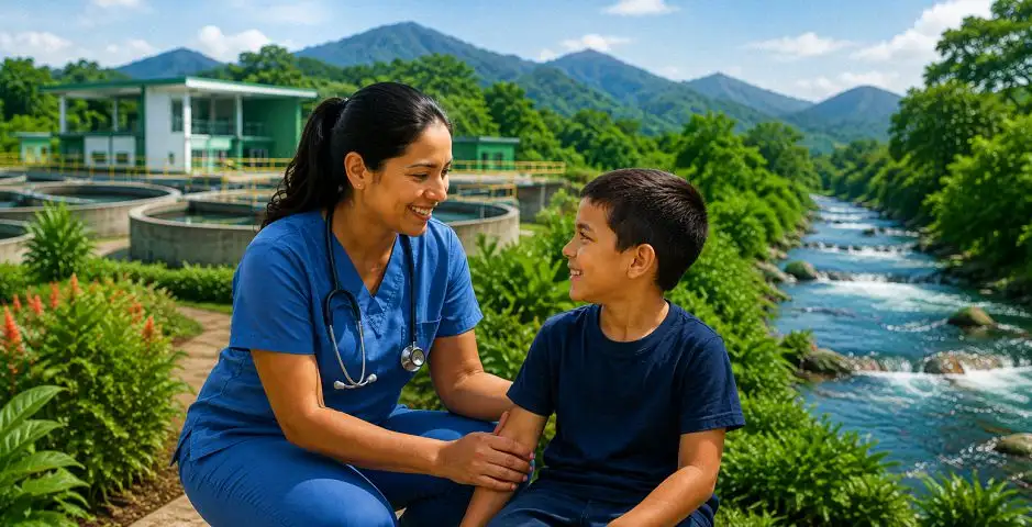 Profesional de la salud y niño en un entorno natural asociado al bienestar y la salud pública